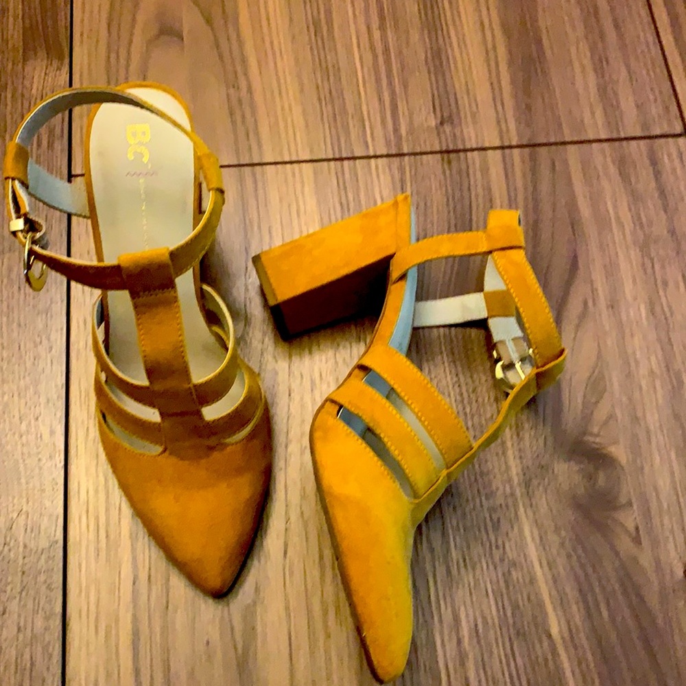 BC mustard block heel closed toe sandal